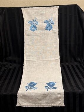 Hand Embroidered Linen Dresser or Table Runner with Blue Rose Motif